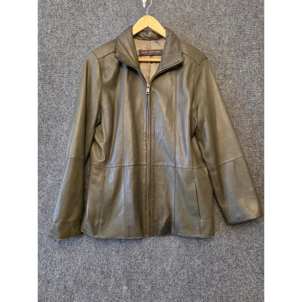 Marc New York Andrew Marc Jacket Womens Large Green Leather Zip Front‎ Lined